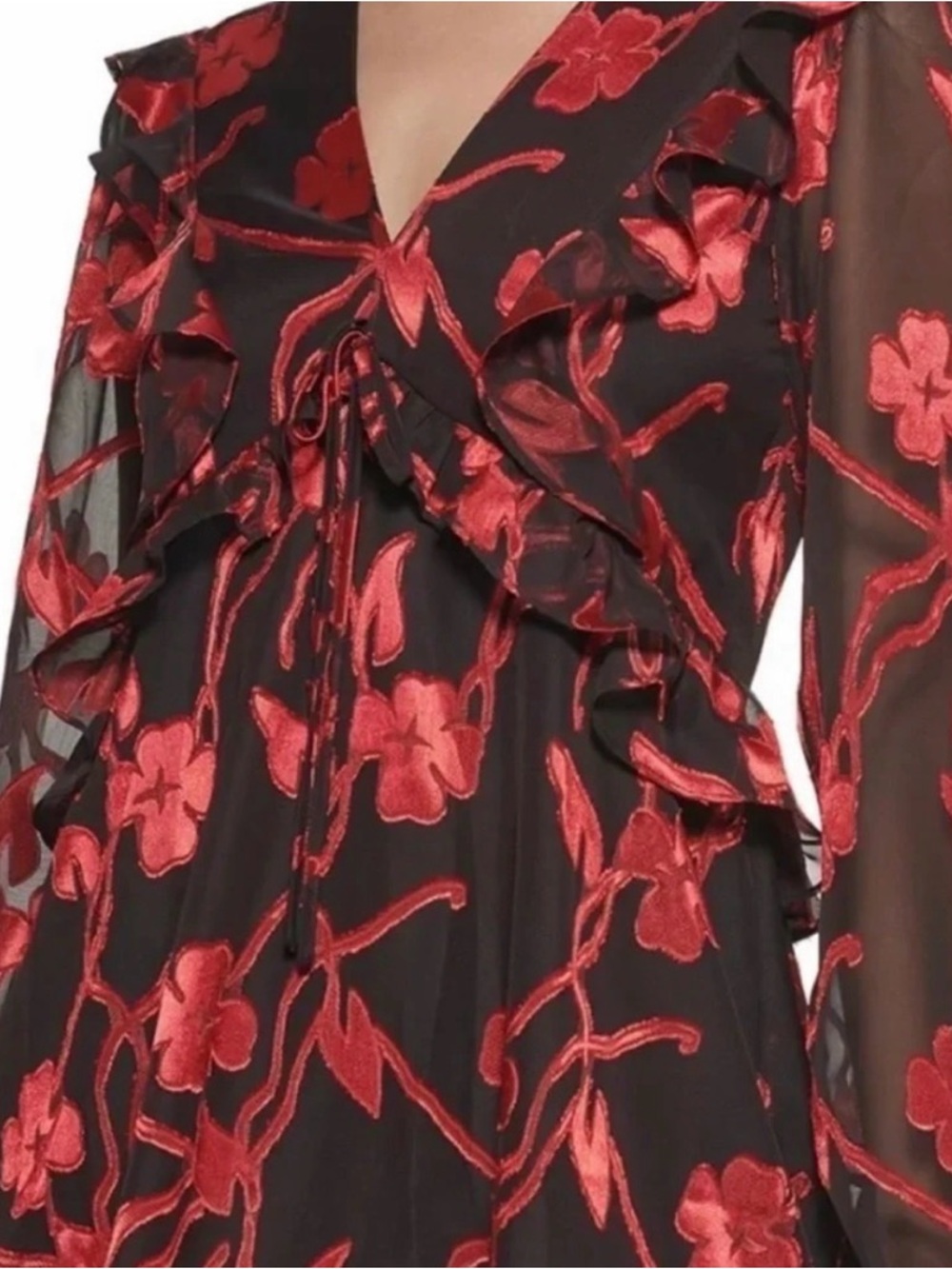 Kensie Romantic Floral Chiffon Ruffle Mini Dress Red Black Flowy Size 8